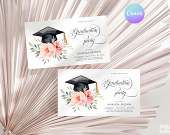 May include: Two graduation party invitations with a black graduation cap and pink flowers. The text on the invitations reads "Please join us for a Graduation party honoring Amanda Brown. Saturday, May 17th at 2 pm. 80 Party Way, Santa Barbara, CA. Kindly RSVP to Rachel 123-456-7890."