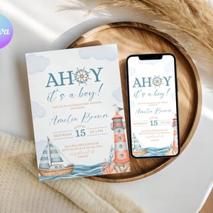 Ahoy It’s a Boy Baby Shower Evite, Sailor Baby Shower Cellphone Invitation, Nautical Baby Shower Evite, Sailboat Baby Shower Evite NA2