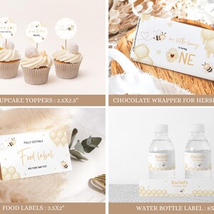 May include: A set of printable party decorations for a baby's first birthday with a bee theme. The set includes cupcake toppers, food labels, a chocolate bar wrapper, and a water bottle label. The decorations are white with gold accents and feature bees, honeycombs, and the text "My Little Honey is Turning One".