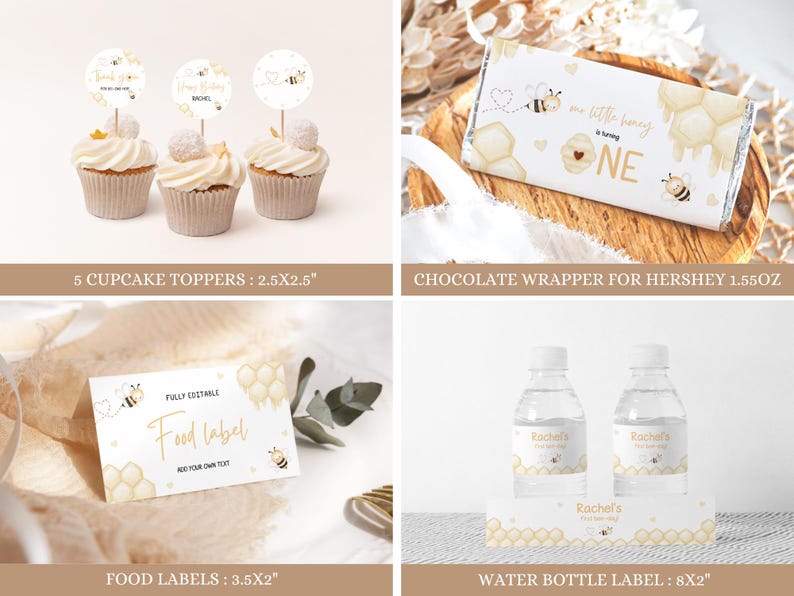 May include: A set of printable party decorations for a baby's first birthday with a bee theme. The set includes cupcake toppers, food labels, a chocolate bar wrapper, and a water bottle label. The decorations are white with gold accents and feature bees, honeycombs, and the text "My Little Honey is Turning One".