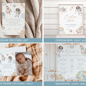 May include: A collection of space-themed stationery items, including a thank you card, a custom sign, a photo thank you card, and a milestone poster. The designs feature rockets, astronauts, planets, and stars in soft watercolor tones.