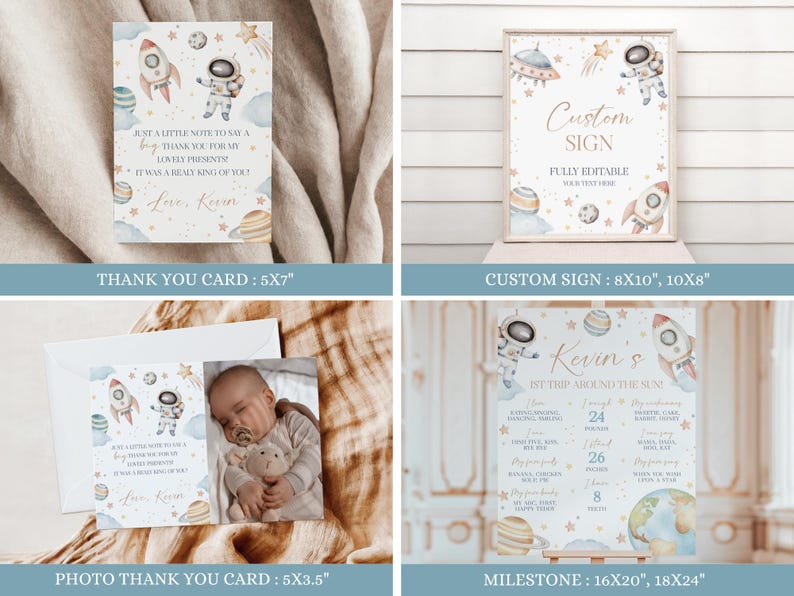 May include: A collection of space-themed stationery items, including a thank you card, a custom sign, a photo thank you card, and a milestone poster. The designs feature rockets, astronauts, planets, and stars in soft watercolor tones.