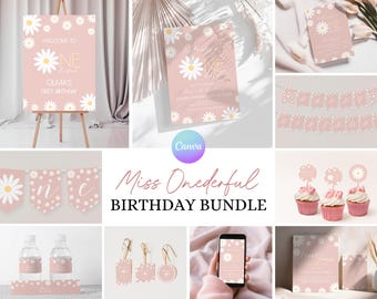 Daisy 1st Birthday Bundle Printable Pink Daisy Birthday Party Set Little Miss Onederful Invitation Miss Onederful 1st Birthday Bundle DS1