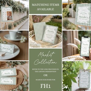 May include: A collage of party supplies with a green and white gingham pattern. Items include a welcome sign, invitations, food labels, and gift tags. The text "Amanda's 1st Birthday" is visible on some items. The text "Market Collection" and "FH1" are also present.