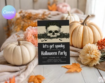 Lets Get Spooky Halloween Party Invitation, Costume Party Invite, Editable Canva Template