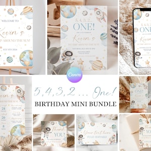 Space 1st Birthday Bundle, Trip Around the Sun Birthday Invitation Kit, Galaxy Birthday Invite, Astronaut First Year Party Decorations AS1