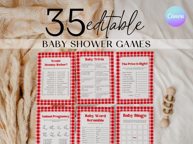 May include: A set of 35 printable baby shower games with a red and white gingham pattern. The games include "Would Mommy Rather?", "Baby Trivia", "The Price is Right!", "Animal Pregnancy", "Baby Word Scramble", and "Baby Bingo".