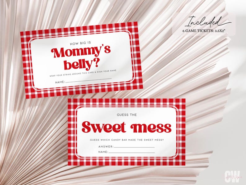 May include: Two red and white gingham baby shower game cards. The first card says "How big is Mommy's belly?" and the second card says "Guess the Sweet Mess. Guess which candy bar made the sweet mess?"