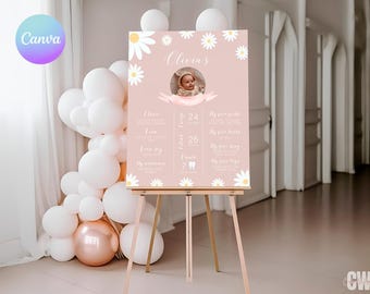 May include: A pink and white baby milestone poster with a photo of a baby girl in a white dress. The poster features a floral design with daisies and the text "Olivia's". The poster also includes a list of milestones, such as "I love", "I can", "I know", and "My firsts".
