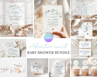 May include: A baby shower printable bundle with a travel theme. The bundle includes a welcome sign, invitation, food labels, thank you cards, and cupcake toppers. The design features a blue and white color scheme with airplane and heart accents.