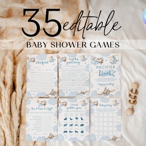 May include: A collection of six baby shower game cards with a blue and white airplane theme. The cards include games like "Recipes," "Find the Guest Bingo," and "Pacifier Hunt." The text "35 editable BABY SHOWER GAMES" is at the top.