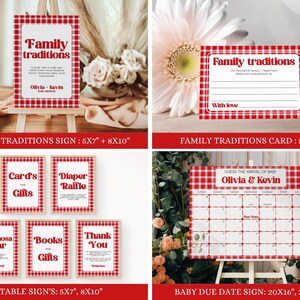 May include: Red and white gingham baby shower signs with text that says "Family traditions", "Cards & Gifts", "Diaper Raffle", "Mimosa Bar", "Books & Gifts", "Thank You", and "Guess the arrival of baby Olivia & Kevin".