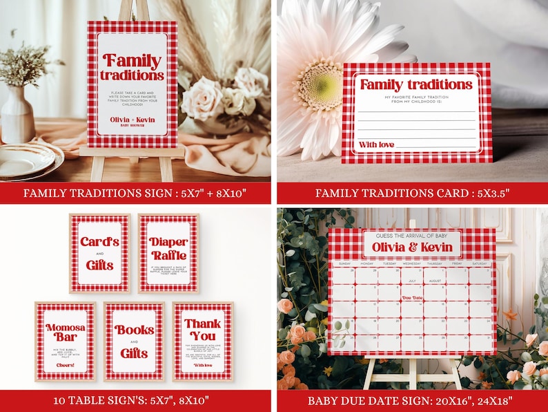 May include: Red and white gingham baby shower signs with text that says "Family traditions", "Cards & Gifts", "Diaper Raffle", "Mimosa Bar", "Books & Gifts", "Thank You", and "Guess the arrival of baby Olivia & Kevin".