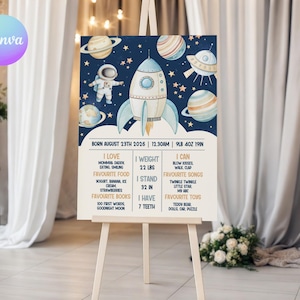 May include: A decorative sign on an easel features a space-themed design with a rocket, planets, and an astronaut. The sign includes information about a child's birth, weight (10 kg), height (81 cm), and favorite things.
