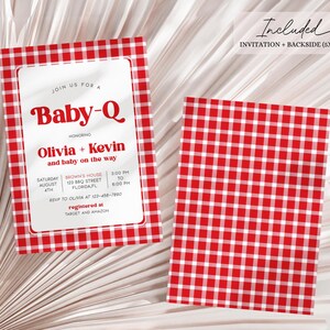 May include: Red and white checkered baby shower invitation with the text "Join us for a Baby-Q honoring Olivia + Kevin and baby on the way". The invitation includes the date, time, and location of the event, as well as information about where to RSVP and where the couple is registered.