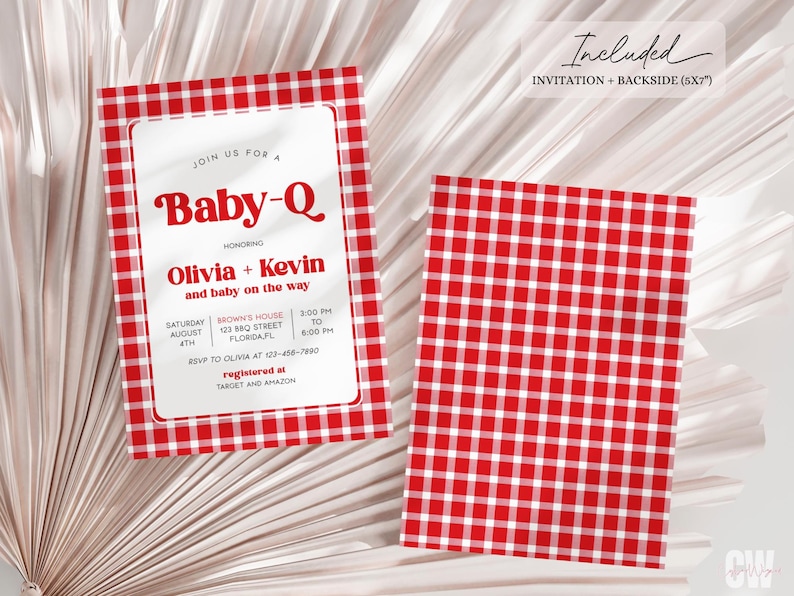 May include: Red and white checkered baby shower invitation with the text "Join us for a Baby-Q honoring Olivia + Kevin and baby on the way". The invitation includes the date, time, and location of the event, as well as information about where to RSVP and where the couple is registered.