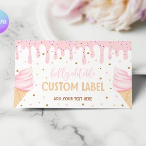 Voici l'étiquette de nourriture d'anniversaire boule, modèle de marque-page pour 1er anniversaire crème glacée modifiable, modèle d'étiquette de buffet de fête d'anniversaire premier anniversaire d'été PE1