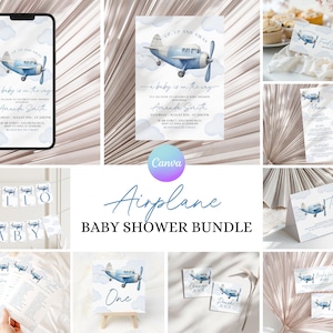 Printable Airplane Baby Shower Bundle, Pilot Baby Shower Package, Boy Airplane Shower Invitation Suite, Aviation Baby Shower Decor Kit AE2