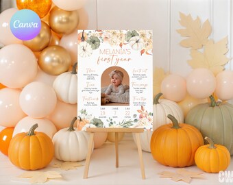 May include: A decorative sign on a wooden easel with the text "MELANIA'S first year" and a photo of a baby. The sign is surrounded by orange, white, and green pumpkins, balloons, and fall foliage. The baby is 19 pounds, 7 teeth, and 22 inches.