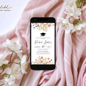 May include: A digital phone invitation with a floral design and a graduation cap. The invitation reads "Please join us for a graduation party celebrating Rachel Ackles, Saturday, June 17 at 2 o'clock in the afternoon, The Falcon Residence, 817 Fair Way, South Barbara, CA. RSVP to Rachel 805-488-7788."