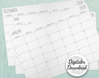 May include: Three undated 2026 calendar pages with the months of January, May, and December visible. The calendars are printed in black ink on white paper. A circular "Digital Download" graphic is in the lower right corner.