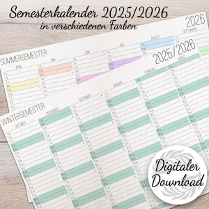 Pode incluir: São apresentados dois calendários académicos para 2025/2026, com um layout detalhado e meses codificados por cores. Os calendários têm o texto "Semesterkalender 2025/2026" e "Digitaler Download". O fundo é um grão de madeira clara.