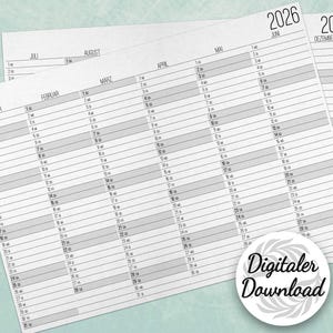 Könnte beinhalten: Ein Stapel undatierter Jahresplanerseiten 2026. Die Seiten sind weiß mit schwarzem Text und zeigen Monate und Daten. Die Worte "Digitaler Download" sind in einem Kreis unten rechts.
