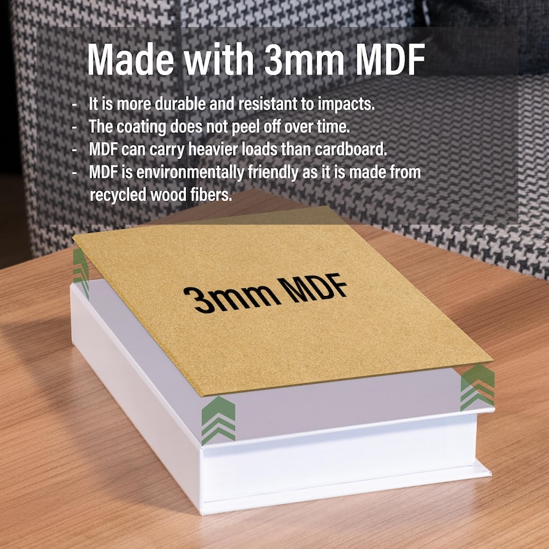 K&ouml;nnte beinhalten: Ein rechteckiges Objekt mit einer hellbraunen Oberseite mit der Aufschrift "3mm MDF" liegt auf einer wei&szlig;en Basis. Der Text "Made with 3mm MDF" steht oben, mit Aufz&auml;hlungszeichen, die die Haltbarkeit und Umweltfreundlichkeit des Materials beschreiben.