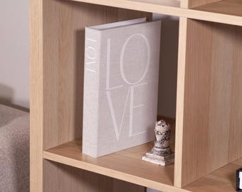 LOVE Decorative Book Box – Beige Linen Faux Book, 10.82x7.16x1.73 in, MDF & Hard Cardboard, Neutral Coffee Table and Shelf Decor