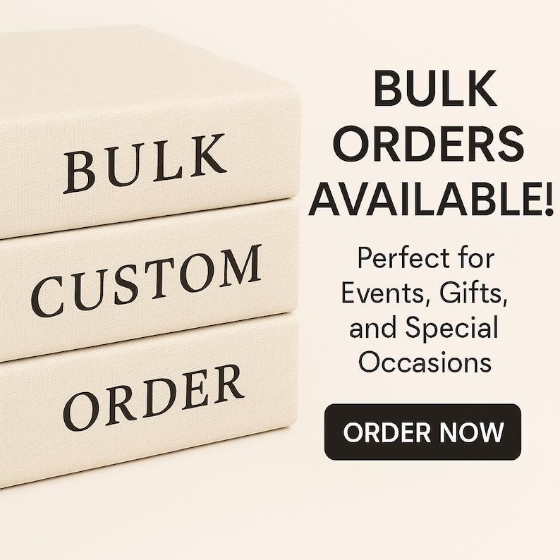 May include: Three stacked, off-white boxes with the words "BULK", "CUSTOM", and "ORDER" printed in black. The text "BULK ORDERS AVAILABLE!" is displayed next to the boxes, along with "ORDER NOW" on a black button. The image is suitable for event and gift orders.