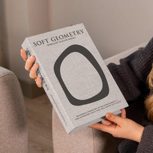 May include: A book titled "SOFT GEOMETRY" from the WORKART MASTER SERIES. The cover is light grey with a large, dark grey abstract shape. The subtitle reads "BLENDING SYMMETRY WITH SPONTANEITY for interiors that feel balanced yet alive".