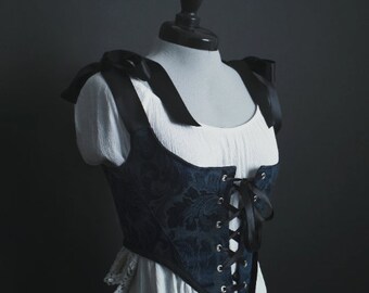 Corset CALISTA - handmade boned corset gothic midnight blue jacquard - taille S