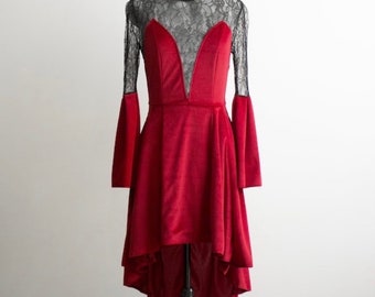 Robe BABETH en velours rouge et dentelle noire