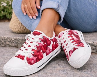 Red and Pink Heart Pattern Sneakers | Low Top Canvas Shoes