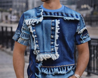 Denim Patchwork Print Tee | Distressed Jeans All-Over Graphic Shirt
