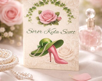 Pink Rose and Green Hat Greeting Card | Floral Stiletto Illustration