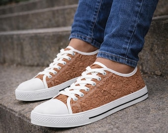 Embossed Floral Pattern Women's Low Top Sneakers | Brown Textured Canvas