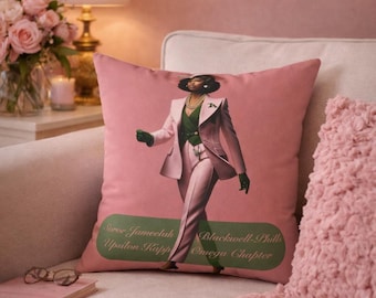 Vintage Woman in Pink Suit Pillow | Retro Fashion Illustration, Green Accents