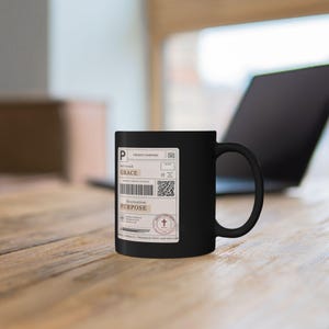 Delivered Grace Shipping Label mug | Black Ceramic Coffee Mug