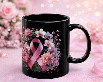 Pink Awareness Ribbon Floral Design Mug | Black Ceramic Coffee Cup