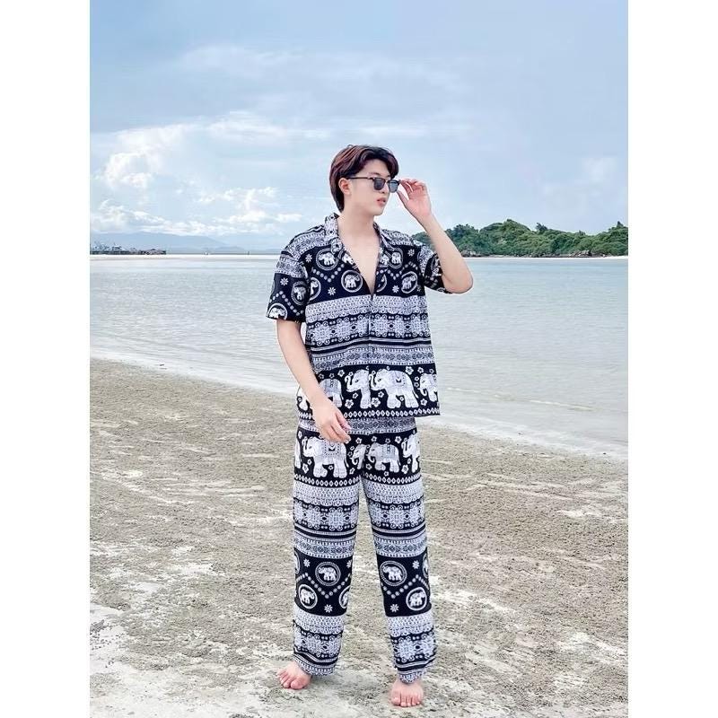 Set of Thai elephant pattern shirt & long pants, Thai pattern clothes, Unisex, Thai clothes, elephant, thai, thailand, handmade, Chilling