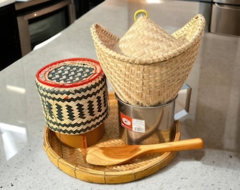 Sticky rice steamer mini set of 6 pcs, Bamboo Basket, thai style steamer basket, sticky rice, Thailand handcrafted cooking, camping portable