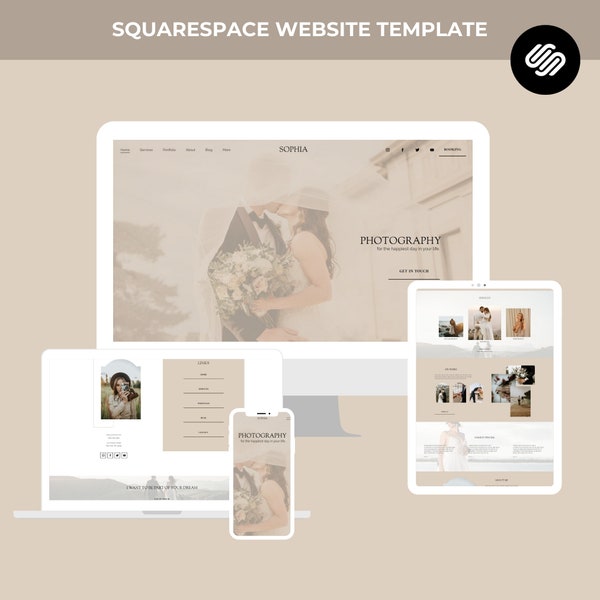 Squarespace Website Vorlage in beige und weiß für Hochzeitsfotografie – Responsives Homepage Design Fotografen und Blogger - SW01