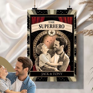 Portrait papa super-héros personnalisé avec impression enfants, cadre photo papa fille, cadeau personnalisé impression fête des pères, premier cadeau fête des pères