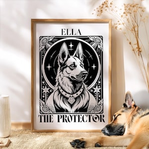 Personalized Tarot Style Dog Portrait Art Print, The Protector Tarot Card Vintage Poster, Mystical Dog Lover Wall Art, Cute Gift for Dog Mom