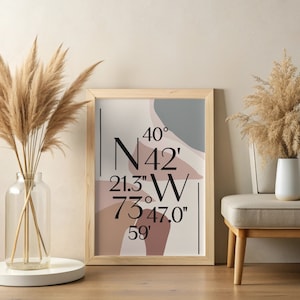 Benutzerdefinierter minimalistischer Koordinaten-Druck, personalisierte Breitengrad-Längengrad-Wandkunst, neutrales abstraktes modernes Wohndekor, einzigartiges Geschenk