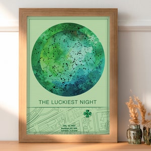 Cartel de mapa de estrellas personalizado, La noche más afortunada, Arte de constelación personalizado, Regalo único para cumpleaños, Arte de anuncio de bebé, Arte verde salvia