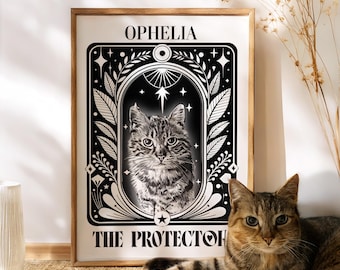 Impresión artística de la carta del tarot con retrato de mascota personalizado, póster místico para amantes de los gatos, regalo para mamá gata, arte de pared del tarot protector, arte bohemio personalizado para gatos.