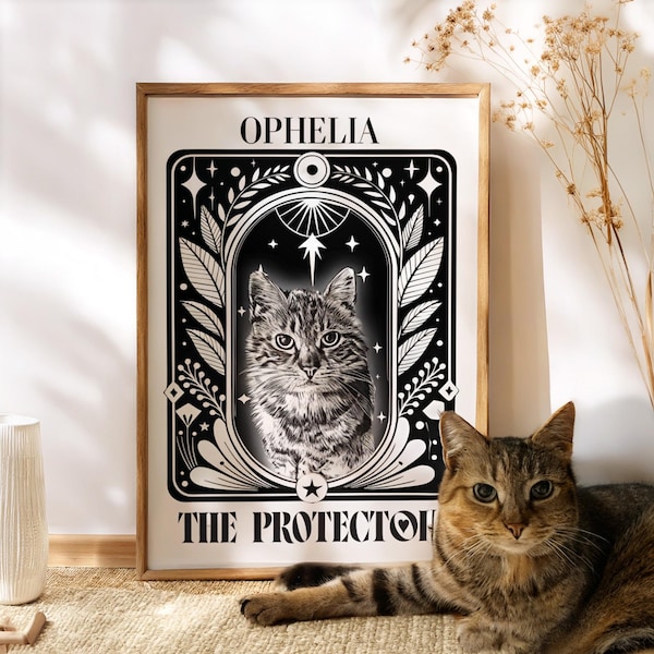 Impressão artística de carta de tarô com retrato de animal de estimação personalizado, pôster místico para presente de amante de gatos para mãe de gato, arte de parede de tarô The Protector, arte boho personalizada para gatos