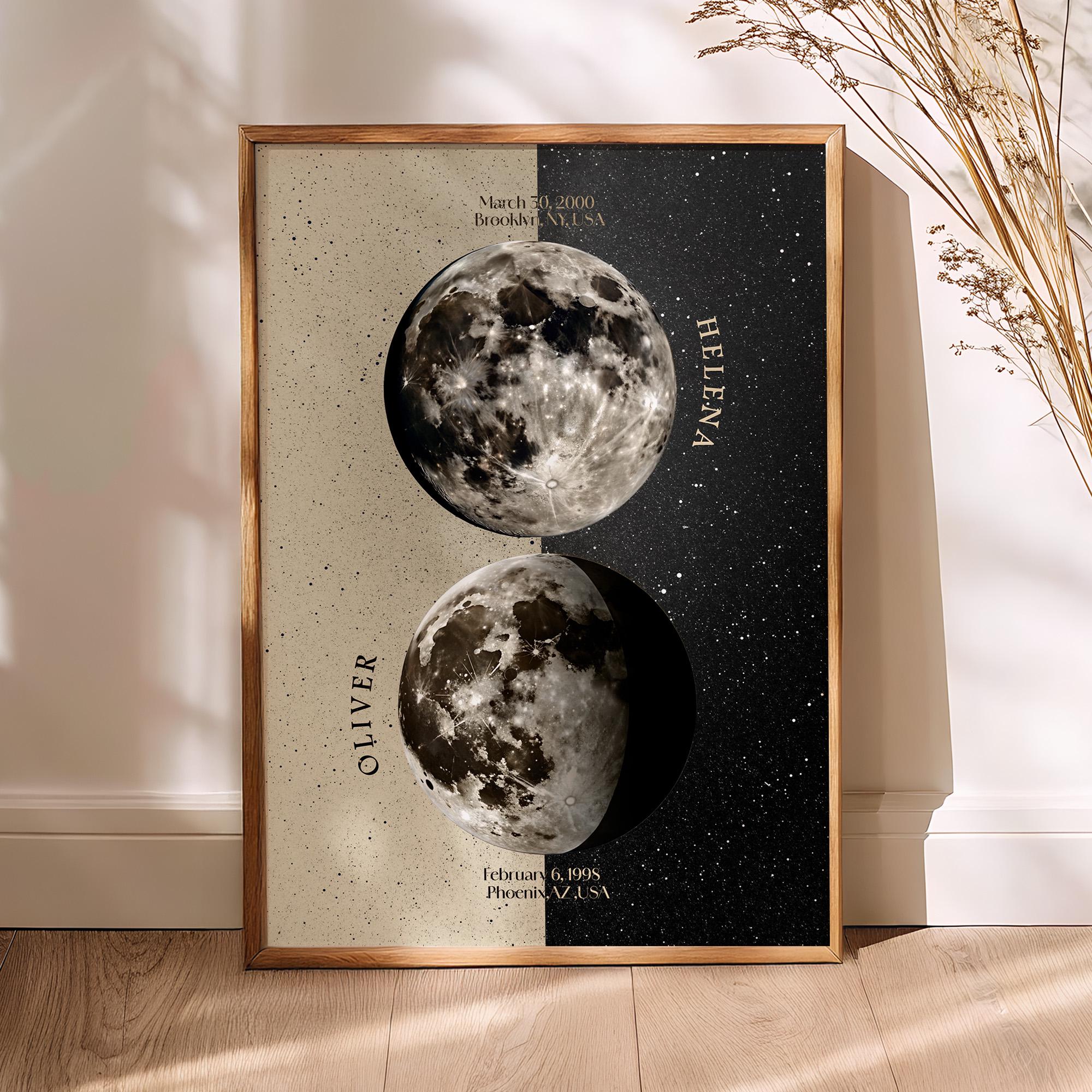 Personalized Couple Moon Phase Art by Birth Date, Custom Celestial